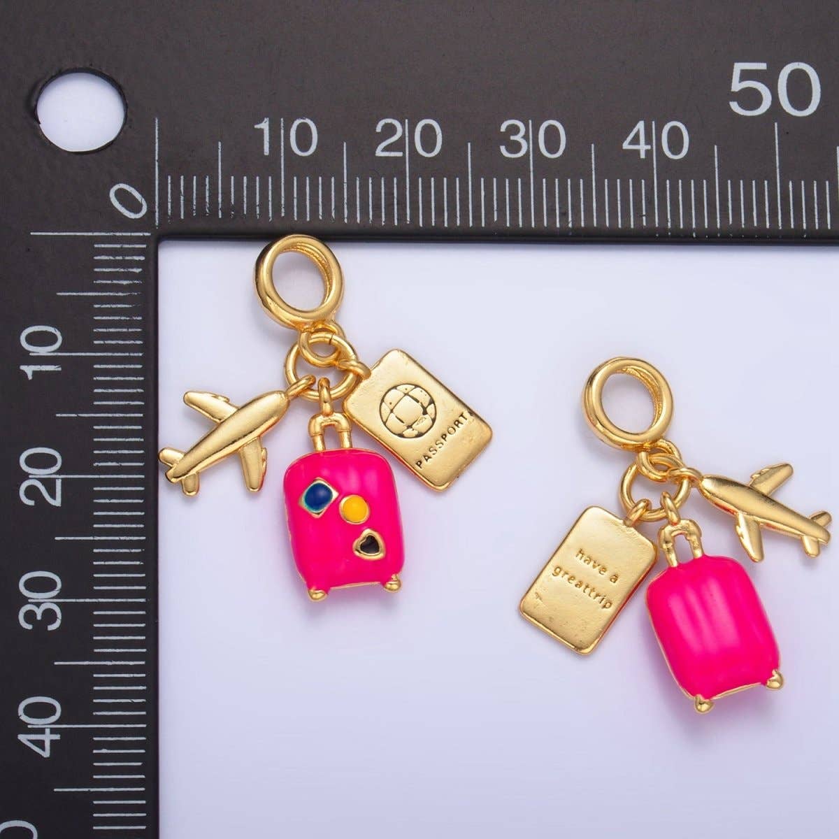 24K Gold Filled Travel Luggage Passport Airplane Drop Charm
