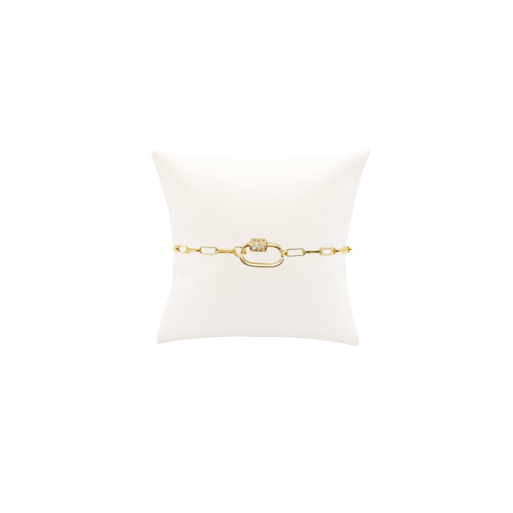 Gold Ashley (Box) Paperclip Chain Charm Bracelet with Clear Cubic Zirconia Small Gabi Carabiner: 6.5" (Small)