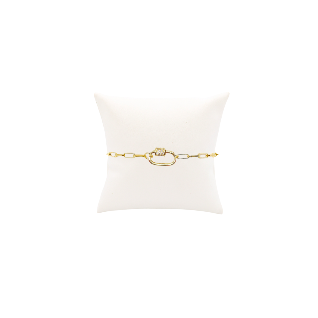 Gold Ashley (Box) Paperclip Chain Charm Bracelet with Clear Cubic Zirconia Small Gabi Carabiner: 6.5" (Small)