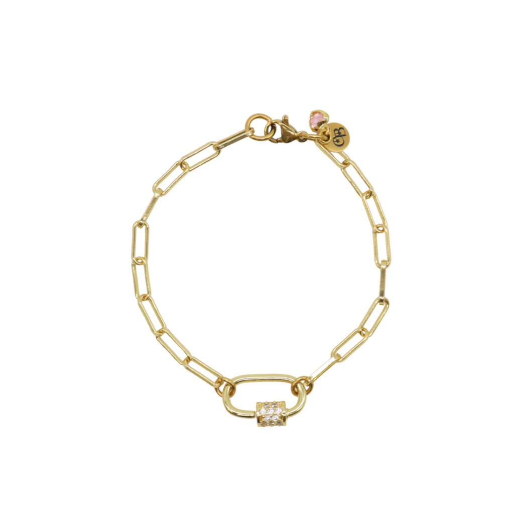 Gold Ashley (Box) Paperclip Chain Charm Bracelet with Clear Cubic Zirconia Small Gabi Carabiner: 6.5" (Small)