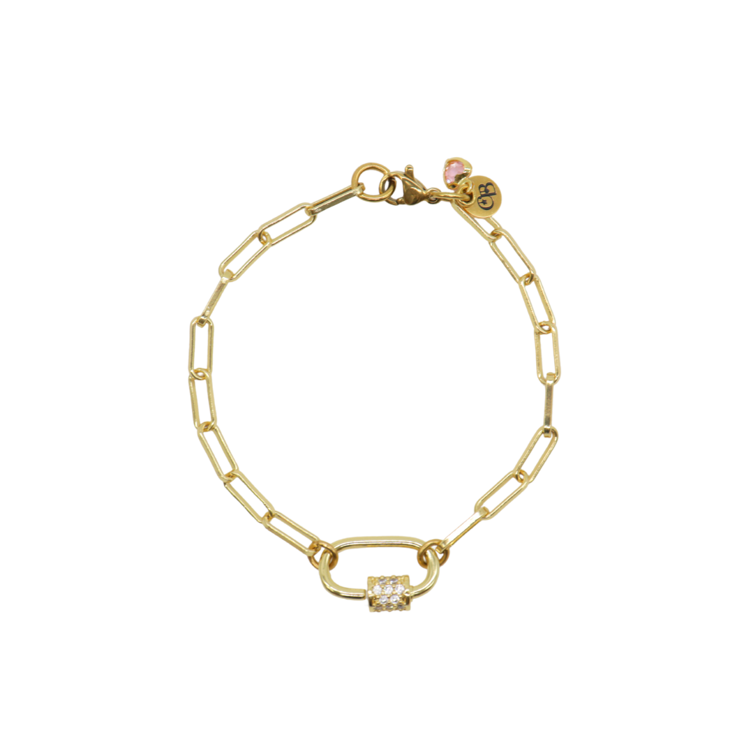Gold Ashley (Box) Paperclip Chain Charm Bracelet with Clear Cubic Zirconia Small Gabi Carabiner: 6.5" (Small)