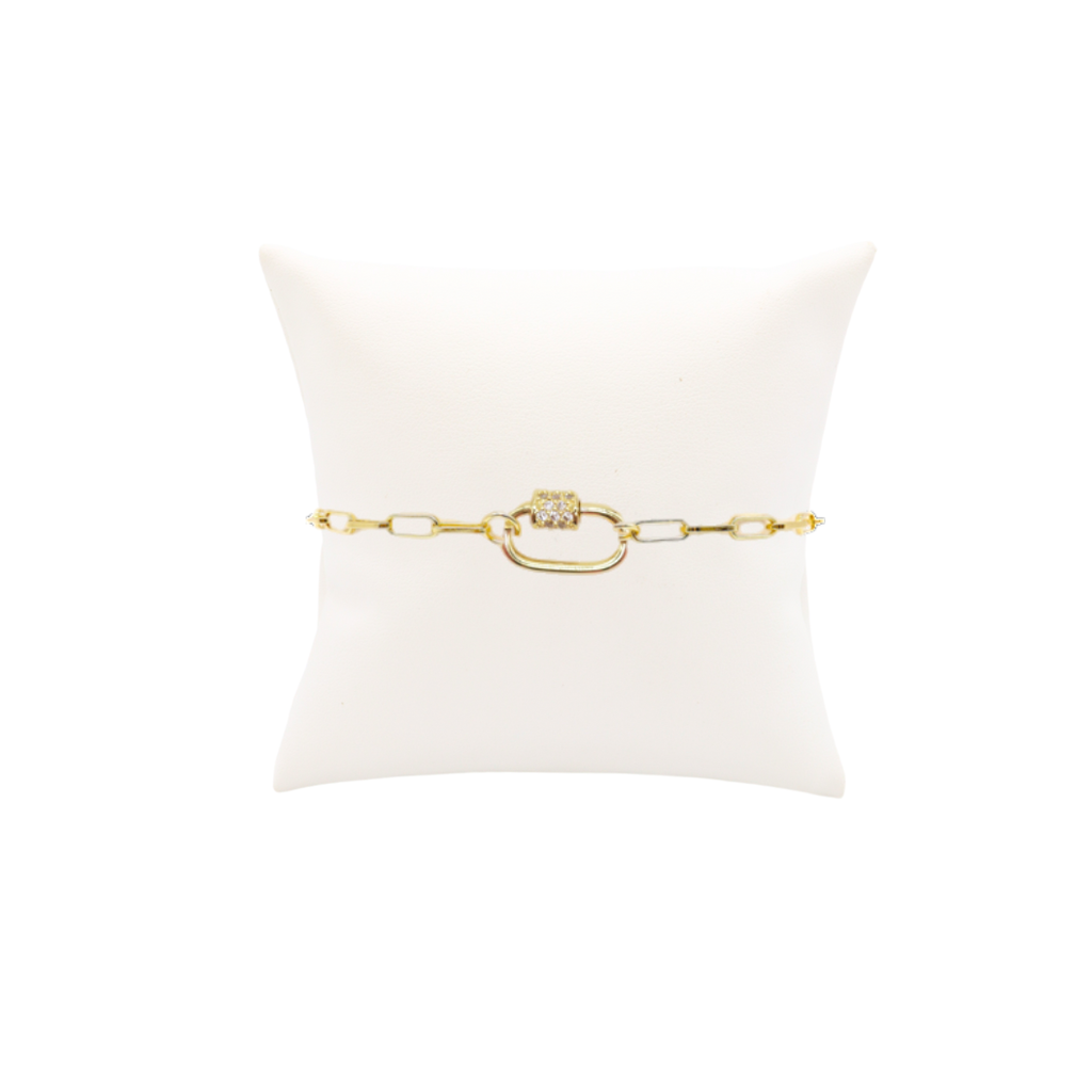 Gold Ashley (Box) Paperclip Chain Charm Bracelet with Clear Cubic Zirconia Small Gabi Carabiner: 6.5" (Small)