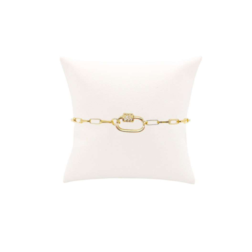 Gold Ashley (Box) Paperclip Chain Charm Bracelet with Clear Cubic Zirconia Small Gabi Carabiner: 6.5" (Small)